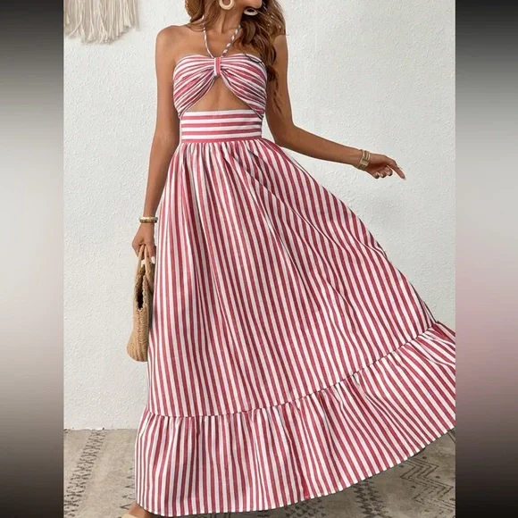 chinese dress ladies Light Blue Stripe Tiered Halter Dress - Maxi Dresses main image 0